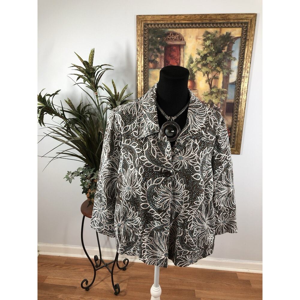 Kim Rogers Women’s XL Linen Blouse Brown Blue Floral Button Career Boho Vacation